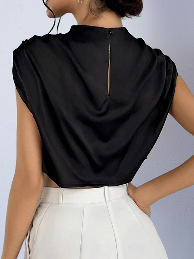 Women's Shirt Satin Shirt Blouse Wrap Crop Top Ruched Plain