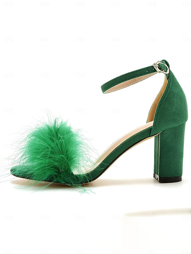 – Heel for Block Wedding Feather-Embellished Women Sandals