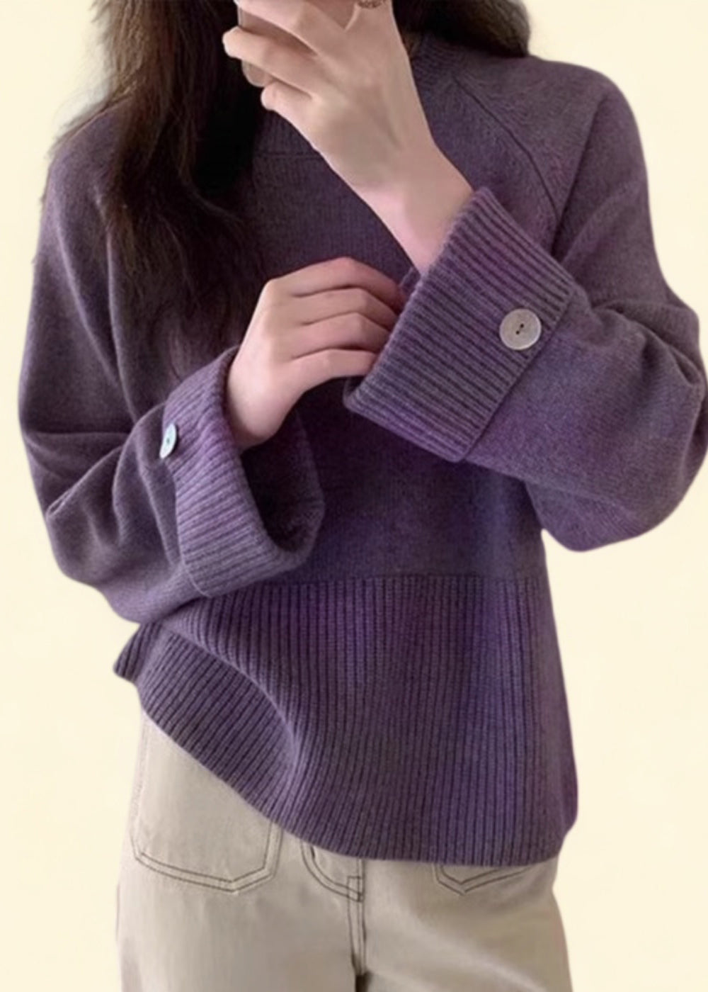 Pull en tricot de coton confortable à col rond violet décontracté pour l'automne QP023