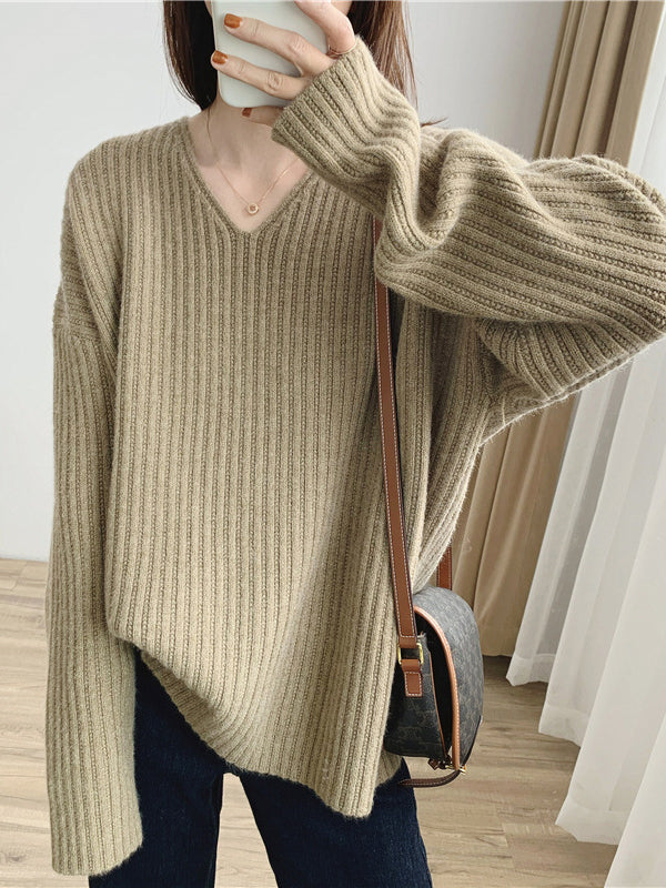 Vintage Caramel V-Neck Long Sleeves Striped Knit Sweater QX001