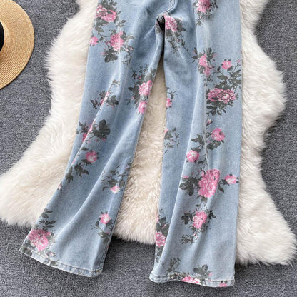 Women Blue Rose Print Wide Leg Denim Pants AR1016