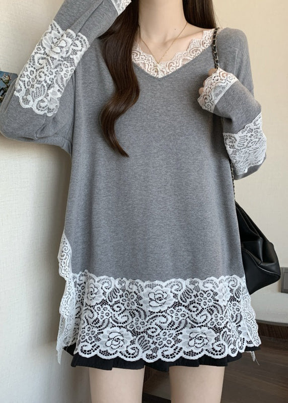 T-shirt gris français à col en V et dentelle patchwork en coton, printemps TW011