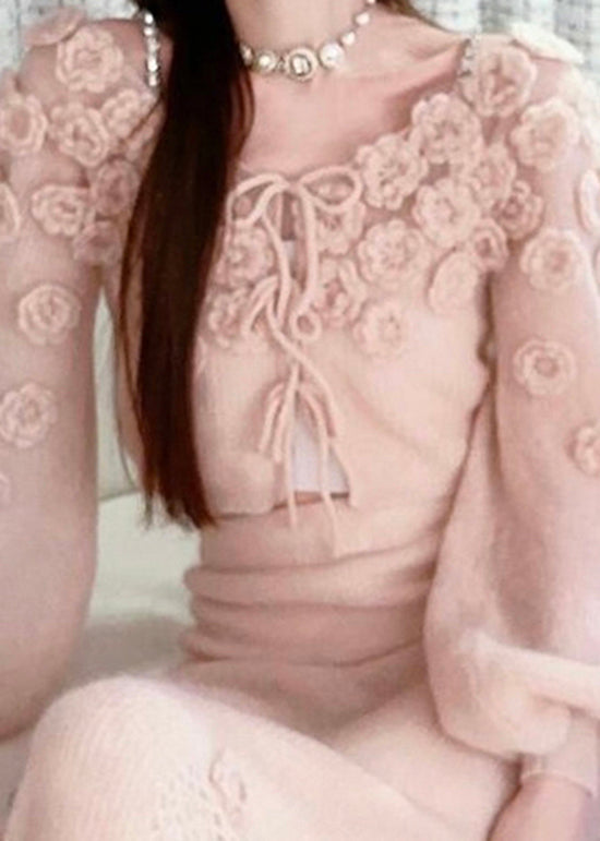 Beautiful Pink Floral Lace Up Knit Sweaters Fall RY014