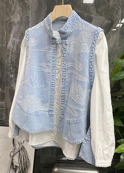 Chinese Style Blue Stand Collar Print Patchwork Low High Design Denim Waistcoat Summer NN035