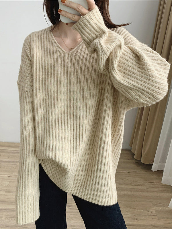 Vintage Caramel V-Neck Long Sleeves Striped Knit Sweater QX001