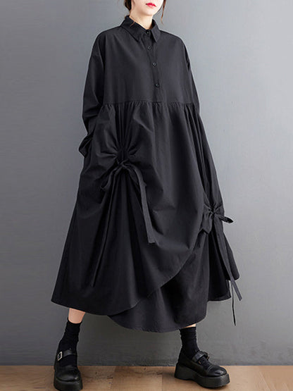 Stylish Black Lapel Buttoned Drawstring Pleated Tied Pockets Sleeves Shirt Dress WS004