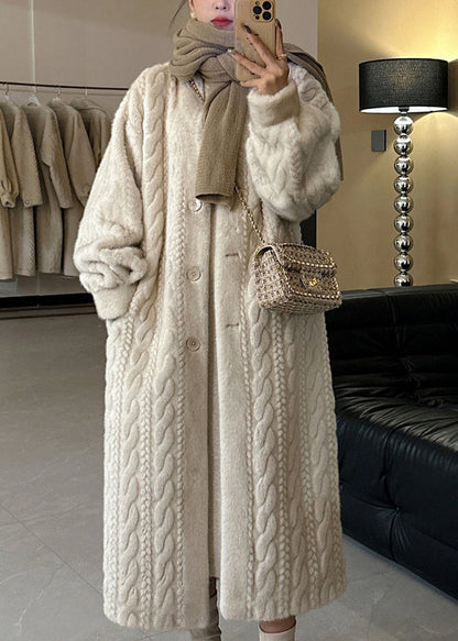 Casual Beige V Neck Button Mink Hair Leather And Fur Long Coats Winter WV022