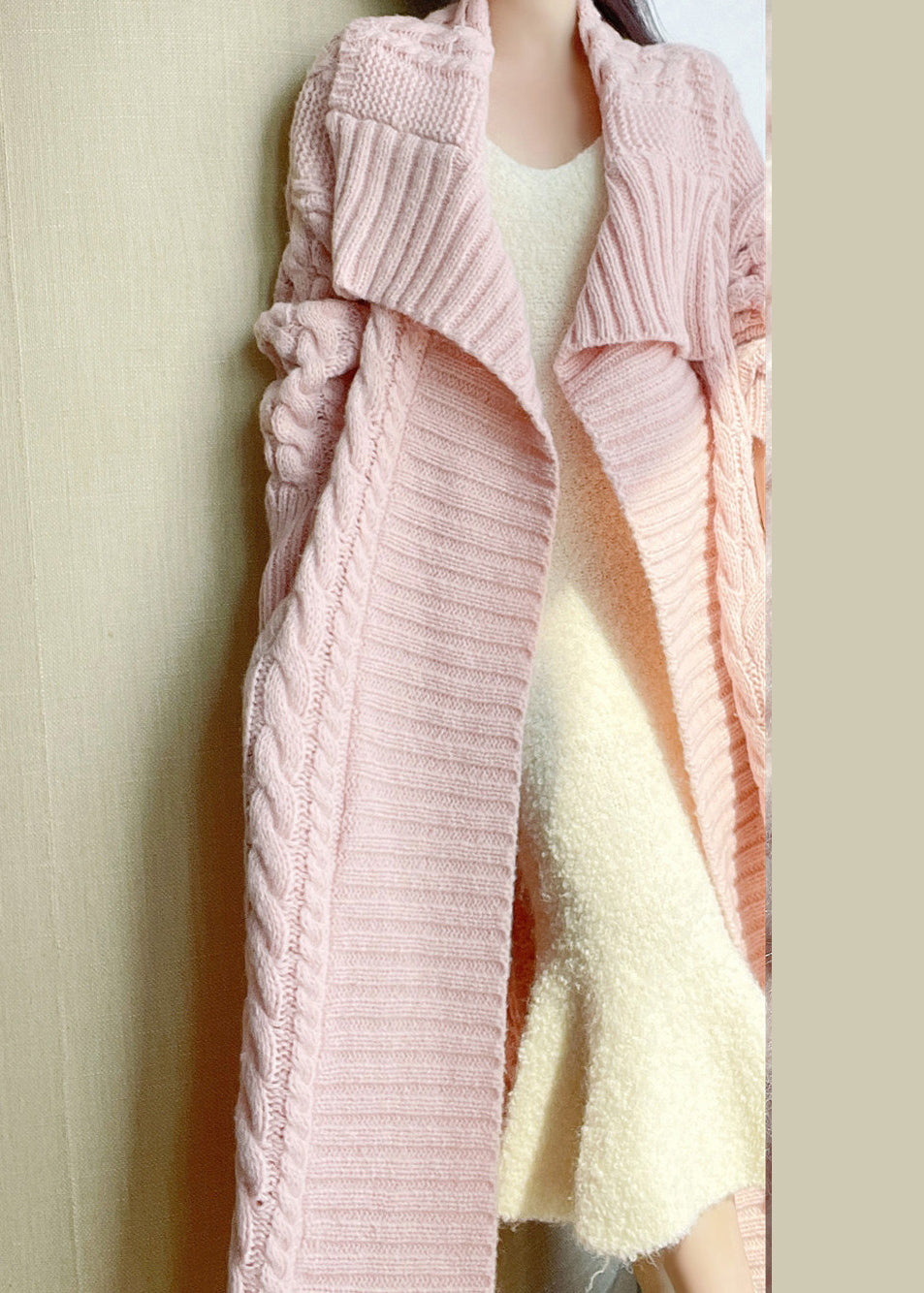 Loose Pink Pockets Hollow Out Wool Loose Cardigan Winter QC010