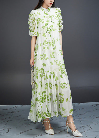 Bohemian Green Wrinkled Print Tie Waist Chiffon Dress Summer AJ1002