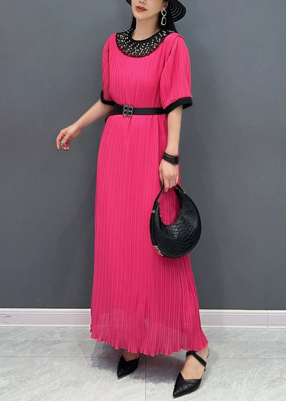 Style Red O-Neck Wrinkled Long Dress Short Sleeve AO1023