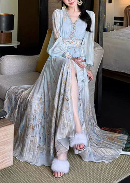 Maxi Chiffon Print Dresses Waist Blue Stylish V Spring High Neck