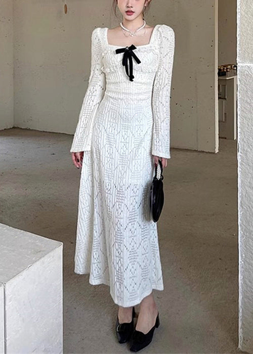 Robes carrées creuses en coton blanc à col long, élégantes et printanières 