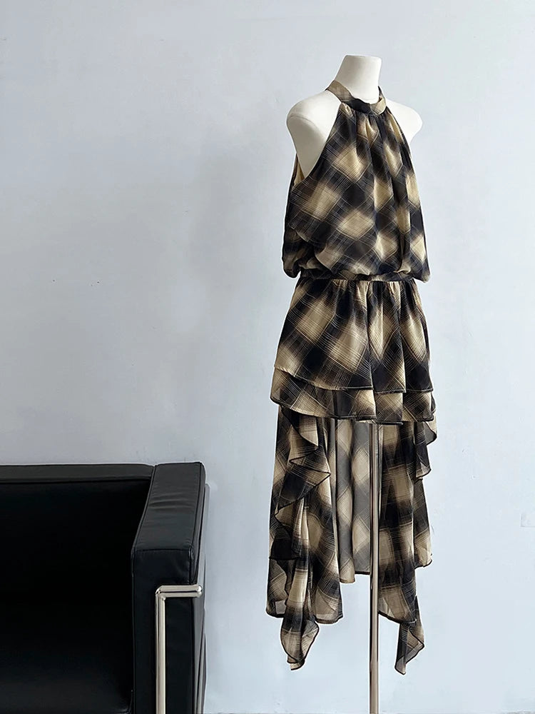 Asymmetrisches Khaki Plaid Neck Sleeveless Top High-Low Uniaue Halter 