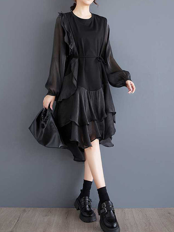 Schickes schwarzes Patchwork-Kleid mit Rundhalsausschnitt, kontrastfarbenem Rüschenbesatz und High-Low-Langarm TW019 
