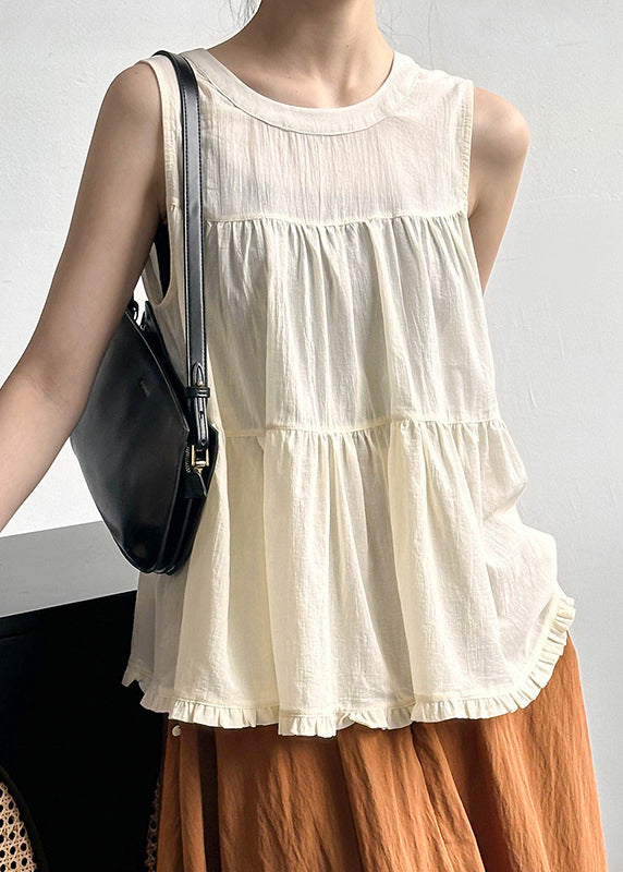 Beige Ruffled Solid Cotton Tops O Neck Summer AF1048