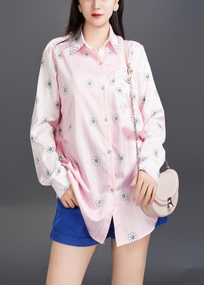 Art Pink Peter Pan Collar Print Cotton Shirt Fall AJ1006