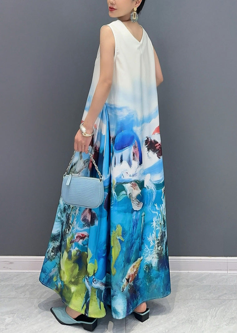 Fashion Blue V Neck Print Long Dress Sleeveless AO1053