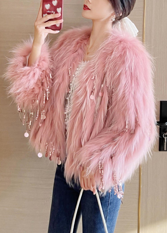 Cute Pink O-Neck Tassel Leather And Fur Coats Winter WV032