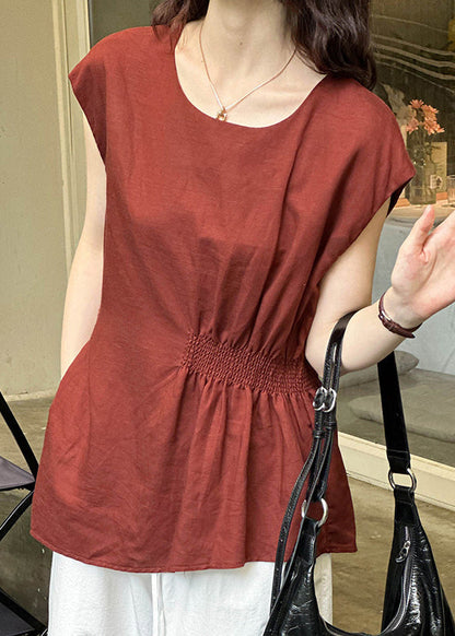 Women Red O Neck Solid Cotton Tops Summer AF1001