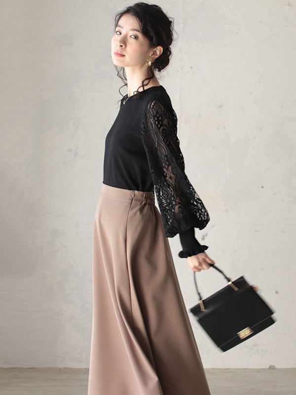 Tempermant Black Round-Neck Patchwork Hollow Lace Long Puff Sleeves Sweater QX011