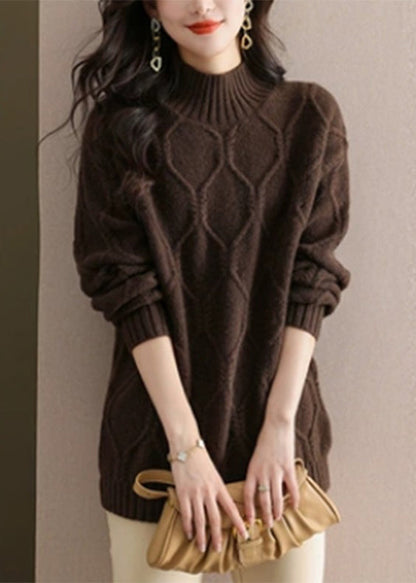 Women Coffee Turtleneck Cotton Knit Sweaters Winter WD040