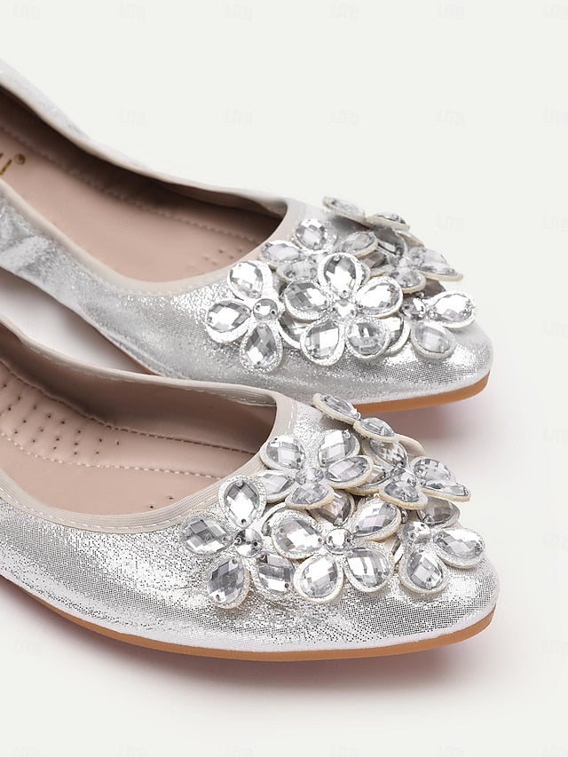 Women's Flats Foldable Silver with Rhinestone