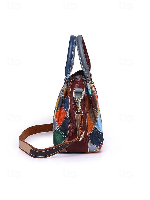 Women's Leather Handbag, Multi-Color Patchwork Design,