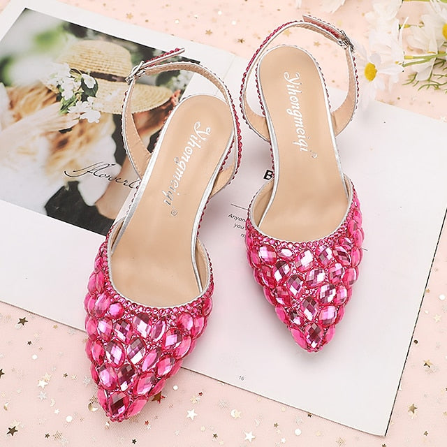 Pointed-Toe Rhinestone High Heels Women's Crystal Slingback