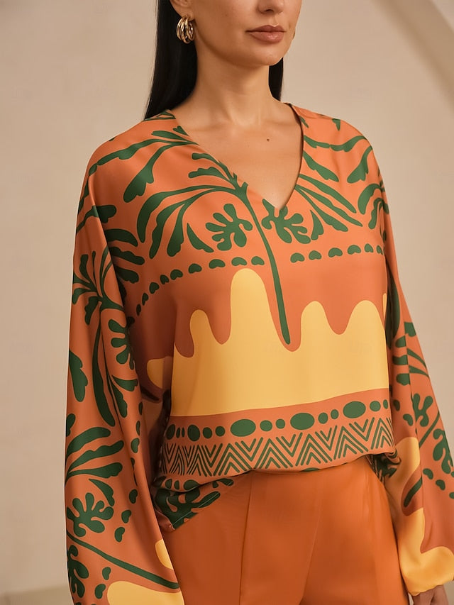 Women's Top Satin Khaki Floral Hawaiian Print Lantern