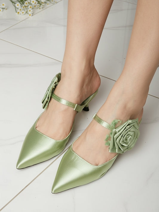 Green Pointed Ankle Satin Toe Women's Heels Floral with