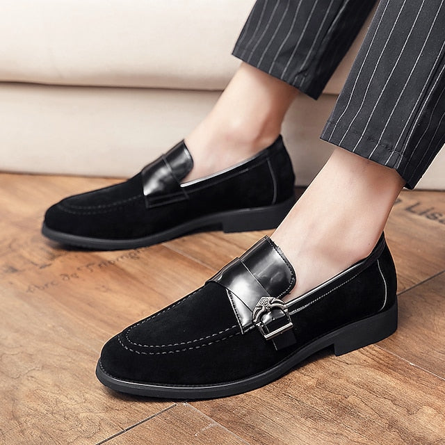 with Strap Metal Loafers Men's Patent Suede Leather and