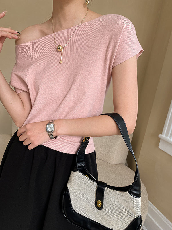 Haut à manches courtes rose en tricot, col bateau ample et élégant