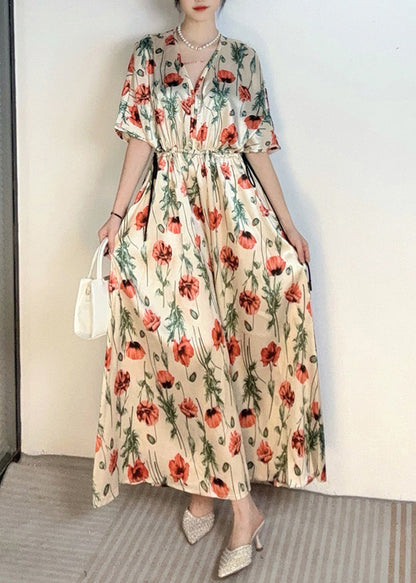 Handmade Apricot V Neck Print Cinched Holiday Long Dress Summer AO1028