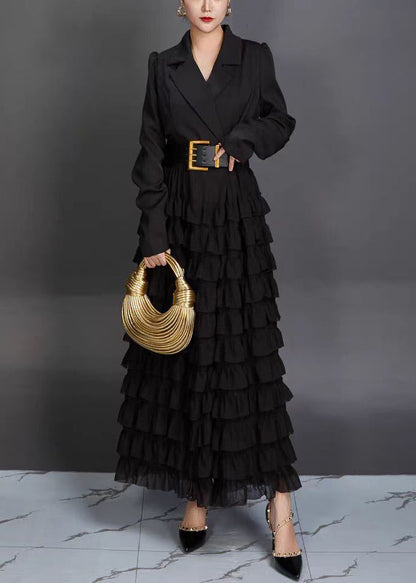 New Black Notched Ruffled Spandex Long Dresses Fall AJ1019