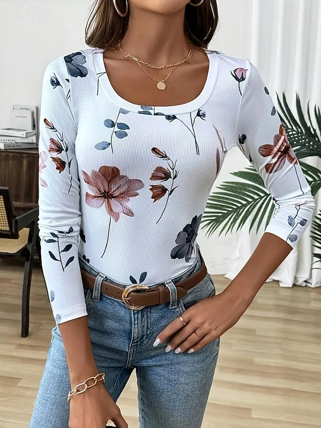 Women's T shirt Long Sleeve Ribbed Graphic Square Neck Long