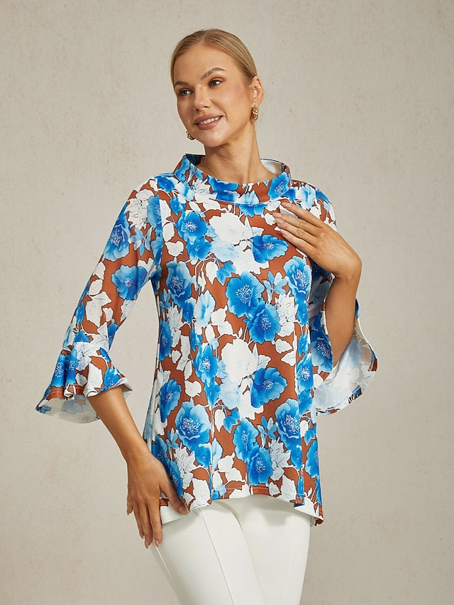 Women's Blouse Twisted Roman Chiffon Splice Blue Floral