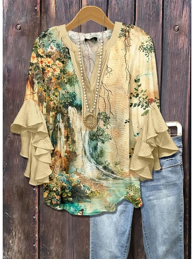 Easter Women's Blouse V Neck Floral Graphic Elegant Bohemia