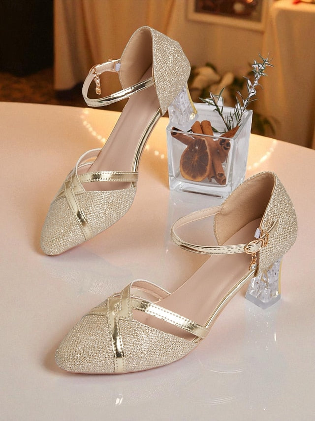 Strap Heel Women's Elegant - Ankle Glitter Pumps Block Gold