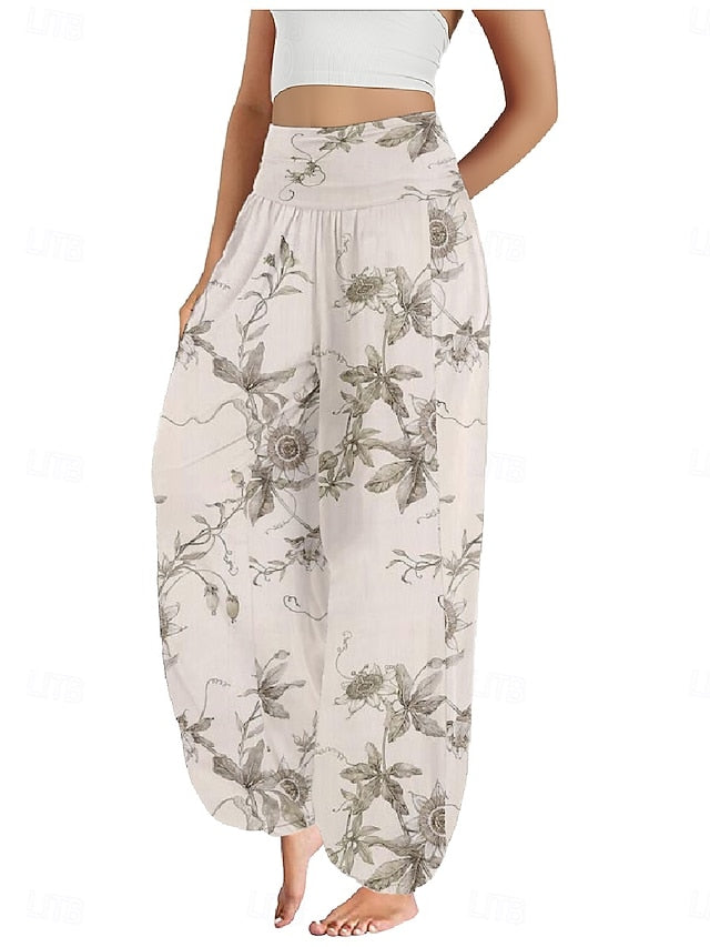 Women's Faux Cotton Linen Wide Leg Pants Trousers Ethnic