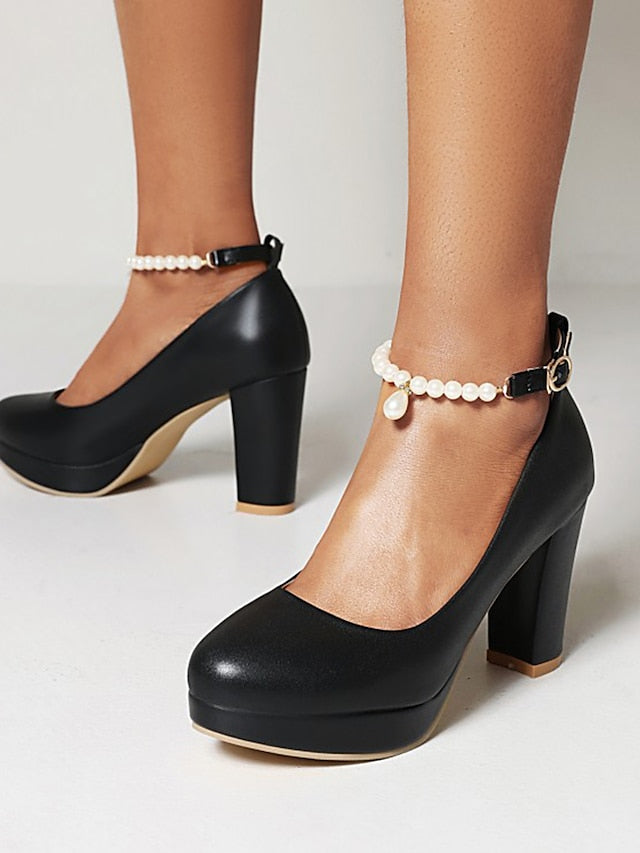 Strap Ankle Women's Heel Pearl High Pumps with – White