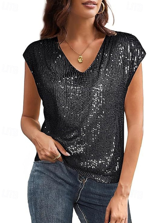 Women's T Shirt Tee Top Sequins Striped Fashion Short