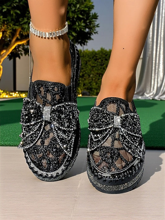 Black Shoes Rhinestone Slip-On Lace Bow with Women's