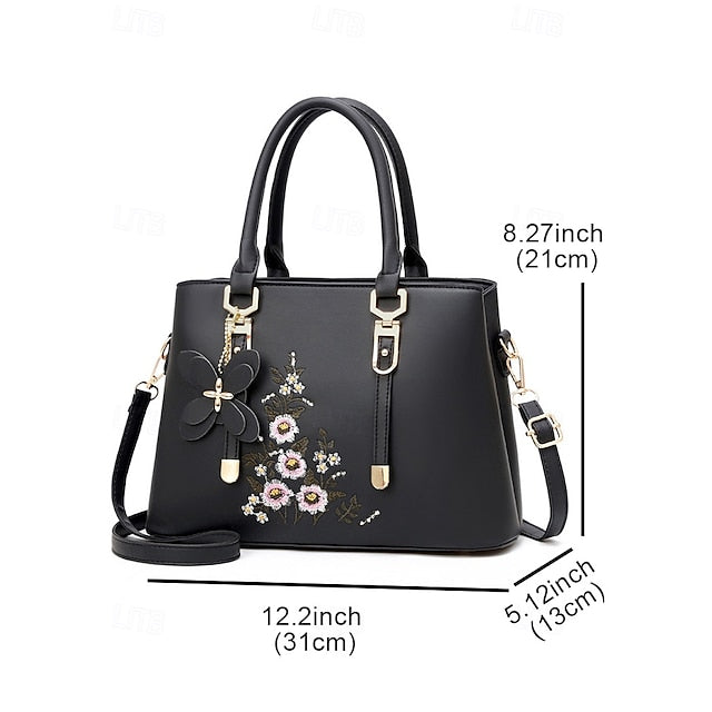 Faux Women's Handbag Embroidery Floral with Leather Green