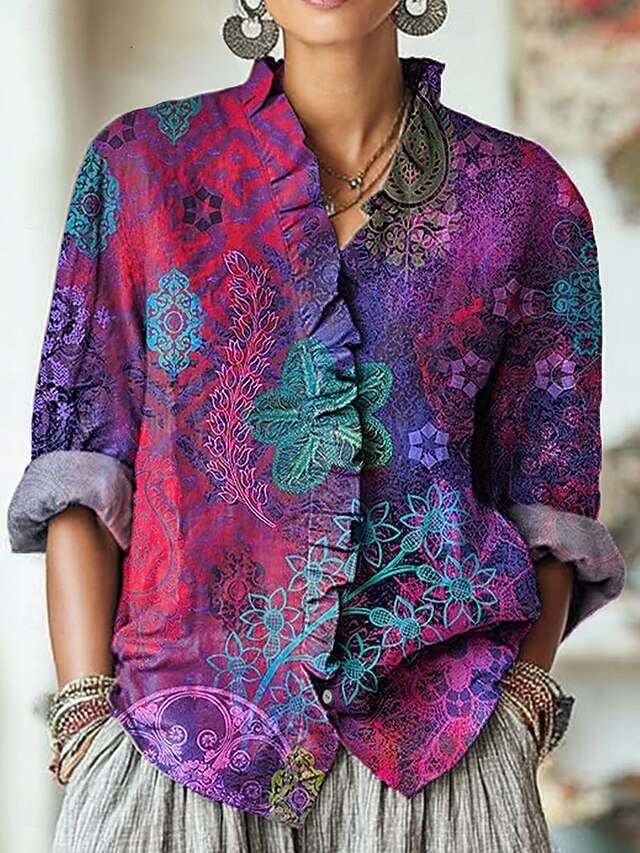 Women's Boho Shirt Ruched Ruffle Floral Graphic Elegant