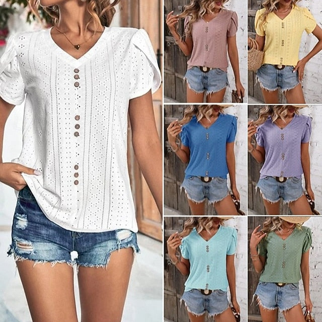 Women's T Shirt Eyelet Plain Fashion Stylish Classic Short