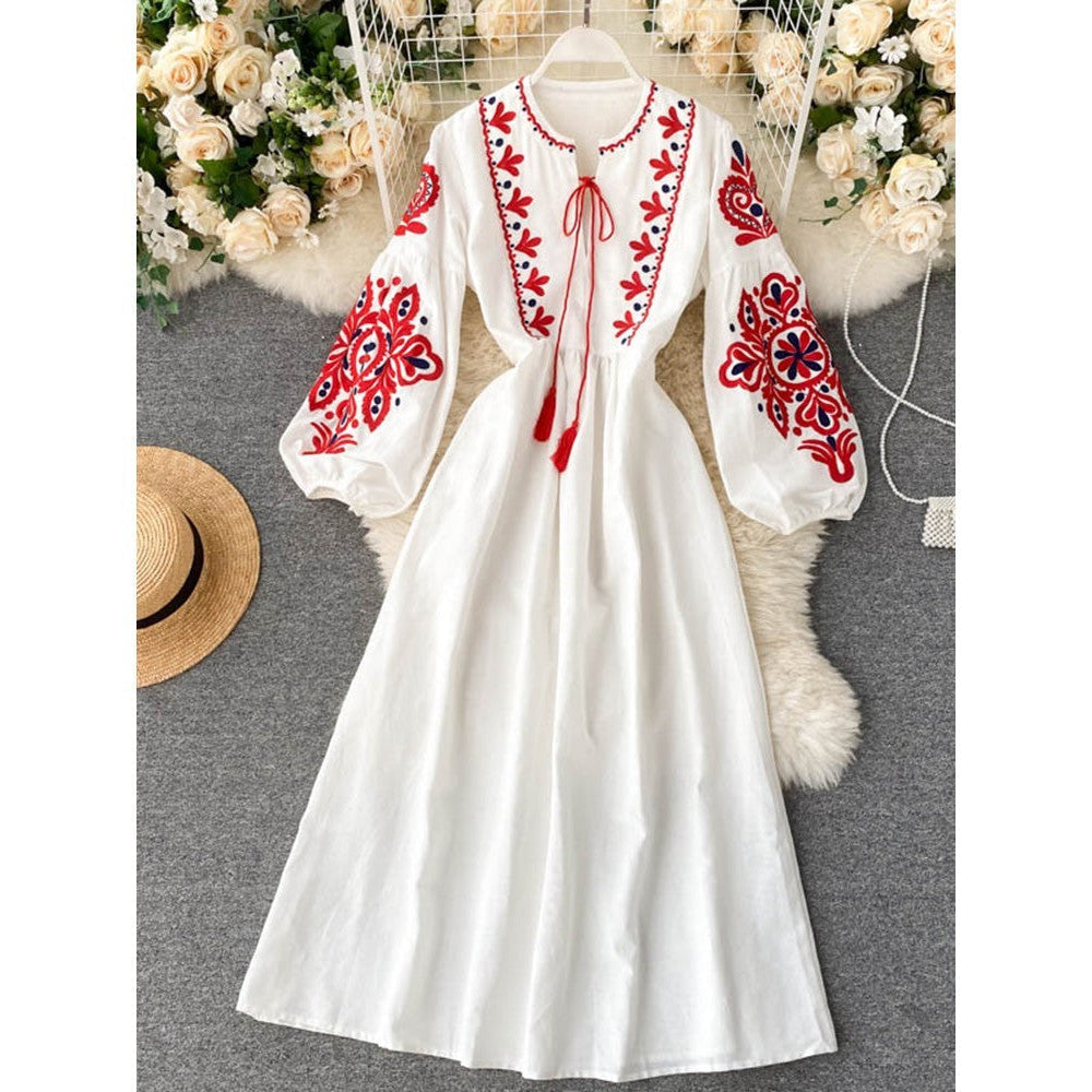 Bohemian Navy O-Neck Lacing Embroidered Flower Lantern Sleeve A-line Dress AR1011