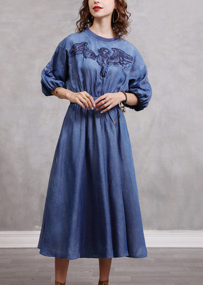 Vintage Blue Embroidered Elastic Waist Long Denim Dress Lantern Sleeve NN024