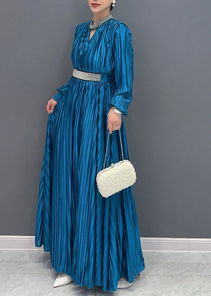 Elegant Blue V Neck Wrinkled Maxi Dress Long Sleeve AO1037