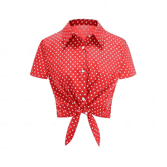 1950s Retro Vintage Crop Top Shirt Short Sleeves Polka Dot Fancy