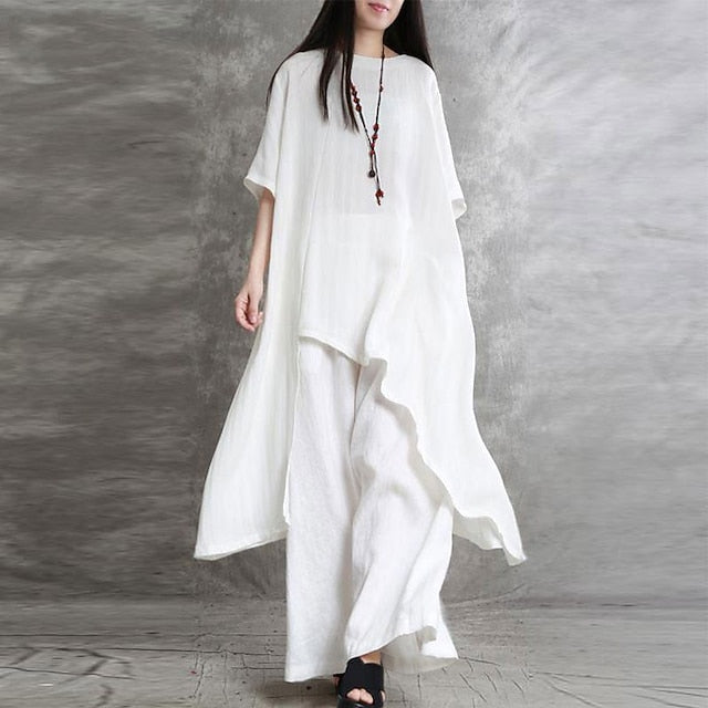 Women's Shirt Pants Sets Long Cotton Top Wide Leg Pants